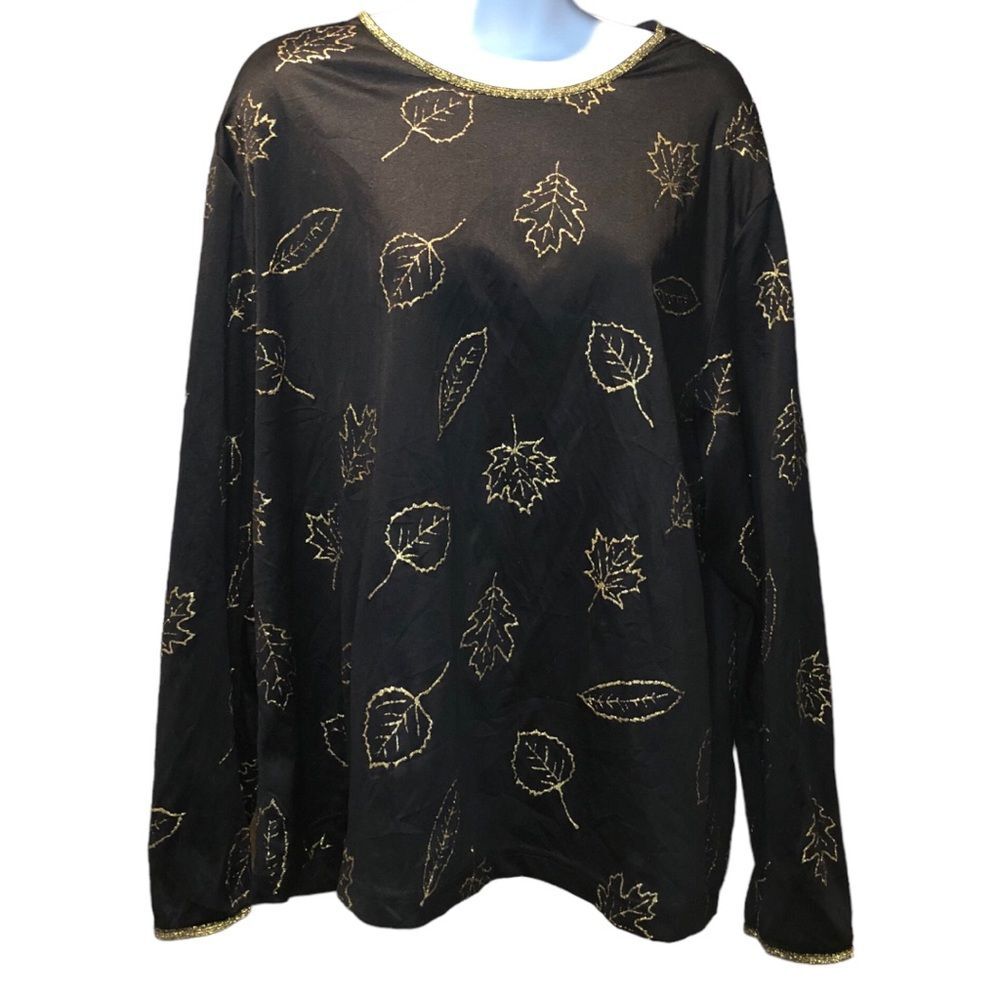 Blair Black & Gold Glitter Leaf Design Long Sleeve Blouse size 2XL Vintage